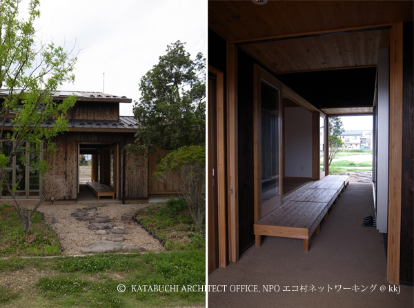 通り土間が風の通り道となり、二つの空間をつないでいる。
